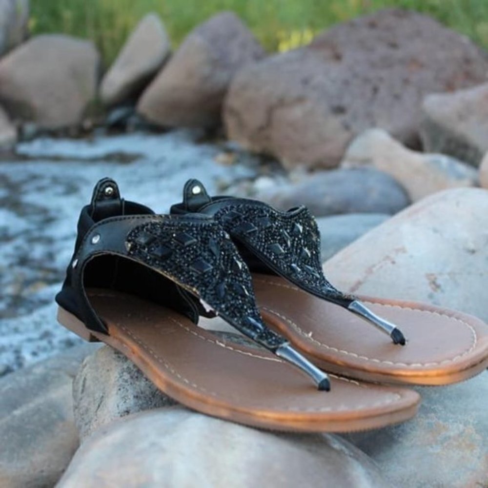 Black Thong Sandals Shoes Rhinestone Sparkle - Picture 3 of 6